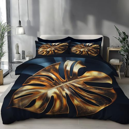 JSCWDET Luxury Leaves Duvet Cover Double Bedding Set,Monstera Leaves Easy Care Microfiber Quilt Cover with Zipper, Soft Printed Reversible Bed Covers with Pillowcases Single（135×200cm）