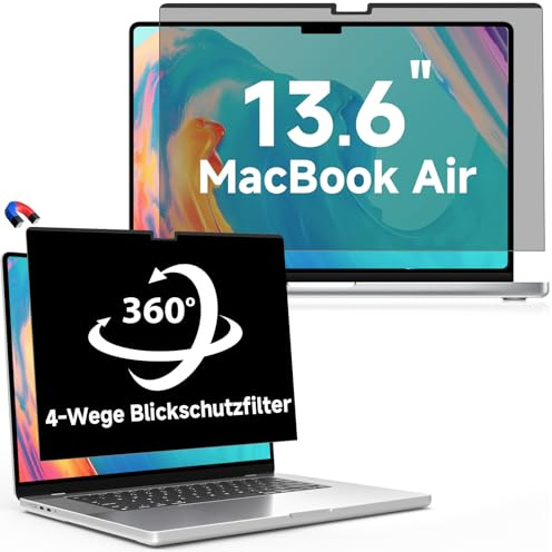 360° Magnetischer Blickschutzfolie für MacBook Air 13,6 Zoll &13 Zoll (2022-2026,M2/M3/M4/M5), Abnehmbarer Sichtschutzfolie mit Webcam Abdeckung um Anti Glare Blaulicht 13,6 Sichtschutzfilter