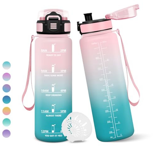 Borraccia, 1000ML Senza BPA, Borraccia Bambini, Con marca temporale, Borraccia Motivazionale, Design della serratura a prova di perdite, Bottiglia Acqua per Sport, Scalare Montagne - Rosa&Ciano