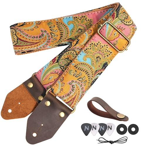 Nefelibata Gitarrengurt, Jacquard-Stickerei Baumwolle Gitarrengurte mit Crazy Horse Leder Enden für Bass, elektrische & akustische,Geschenke für Kinder, Gitarristen