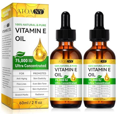 Pure Vitamin E Oil for Skin, Natural Organic Vitamin E oil for Body, Scars & Cuticles, Hair & Face - Cold Pressed, Cruelty Free Skin Repair & Moisturizing Solution, Easy to Absorbed (2pc, 60ml)