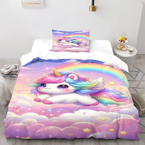 XIKMLSID unicorno arcobaleno 2 Pezzi Set Di Biancheria Da Letto Per Bambini, Piumone E 1 Lenzuola,disegno Animali carini,fibra Ultrafine,100% Cotone,Adatto Per Adulti E Bambini Single（135x200cm）