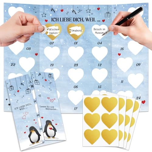 Pärchen Adventskalender Paare, Rubbel Adventskalender für Paare 2025 mit 24 Rubbelfolie, ADVENTSKALENDER Geschenke Liebe, DIY Kalender zum Selber Beschriften PaarGeschenke
