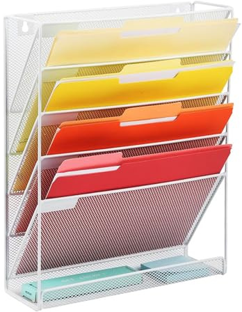 Praelian Porte Revue Mural & Porte Document Mural – Organisateur de Bureau 6 Niveaux Blanc en Métal, Rangement Bureau Mural Stable pour Dossiers, Revues et Documents
