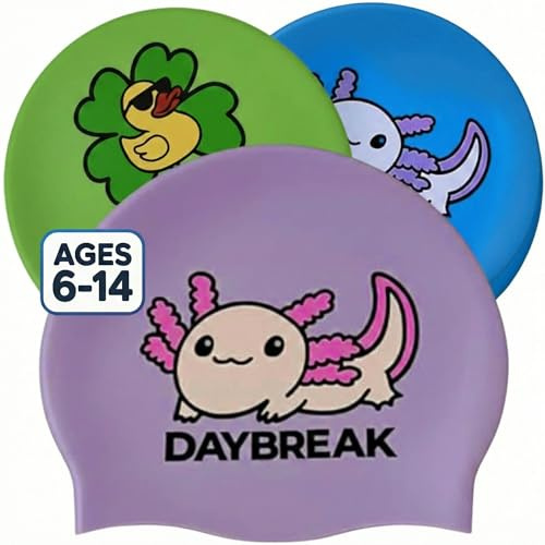 DAYBREAK Kids & Teens Silicone Swim Cap - Seamless Non Slip Waterproof Swimming Cap - Reduce Drag Comfortable Fit Fun Design for Boys & Girls (Axolotl Light Purple)