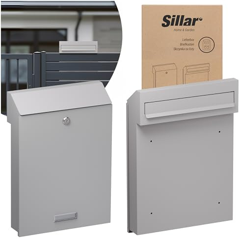 Sillar cassetta postale argento per recinzione, cassetta postale da esterno in acciaio zincato 28,5×41×6 cm, con serratura e 4 chiavi, design moderno, facile da installare, formato A4