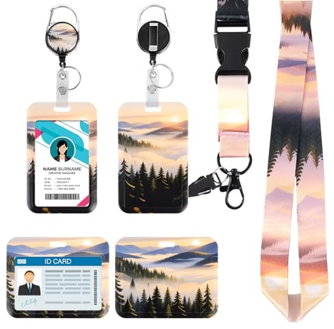 Ausweishülle mit Band – Kartenhülle mit Band & Ausweishalter Ausziehbar, Lanyard mit Kartenhülle für Büro, Schule, Events – Robust, Sicherer Kartenhalt, Bequem Tragbar (Sonnenaufgang im Wald)