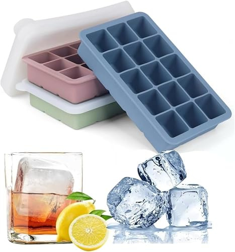 Silicone Ice Cube Tray with Lid, 3 Pack Ice Cube Tray Large 45 Cubes Ice Cube Mold for Freezer, Whiskey, Cocktail, Drinks, Souper, BPA Free & Easy Release