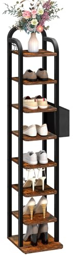 Jehiatek Schmal Schuhregal mit 8 Ebenen, Vertikales Schuhständer aus Metall & MDF, Schlanke Schuhaufbewahrung mit 3 Haken, Verstellbare Ablage für Wohnzimmer Schlafzimmer Flur, Braun und Schwarz