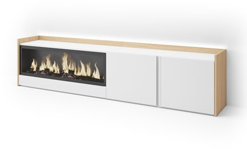 Skraut Home | Mueble TV | Muebles de salón, almacenaje | 212x50x35 cm | para televisión hasta 80 | Chimenea eléctrica XXL | LED | Estilo Moderno | Blanco y Roble Soft