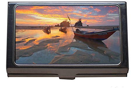 Edelstahl-Visitenkartenhalter, Strandboote Morgengrauen, Visitenkarten-Etui für Herren und Damen (Silber 0210)