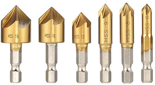 Heyu-Lotus 6 Pcs Countersink Drill Bits Set, High Speed Steel Counter Sinker Drill Bits 5 Flute 90 Degree Titanium Coated Center Punch Tool Quick Change Bit 6mm-19mm for Wood