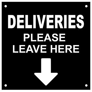 Hinweisschild mit englischer Aufschrift Delivery Please Leave Here, With Directional Arrow Entrance, wasserdicht, Acryl, Bohrlöcher (Medium – 145 mm x 145 mm, schwarz)