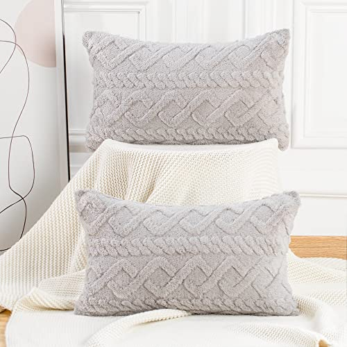 Madizz Juego de 2 Fundas de Almohada de Lana Corta Peluda de Felpa Suave Fundas de Cojines Estampados Funda de Almohada Decorativa para sofá Dormitorio Gris Rectangular 30 x 50 cm
