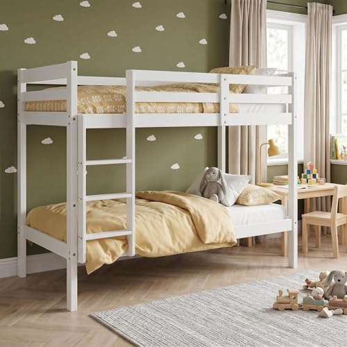 Panana Bunk Bed 3FT Wooden Bunky Sleeper Bed Single Double Bed For Kids, Children (White)