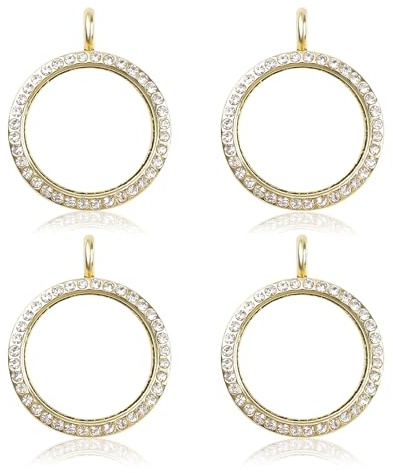 WANDIC Strass Foto Charms, 4 Stück Gold Runde Memory Medaillon Anhänger Braut Hochzeit Bouquet Charms Für Foto Oder Dekoration, 30 mm