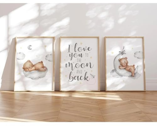 MeinBaby123® Bilder Kinderzimmer | 3er Set DIN A4 Poster Set | Wandbilder mit Spruch | Regenbogen | Deko Kinderzimmer Mädchen und Jungen | Babyzimmer Deko | Wandposter Premium (Bär & Mond)