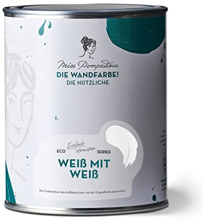 MissPompadour abwaschbare Wandfarbe Weiß mit Weiß 1L - hohe Deckkraft & Ergiebigkeit - matte, scheuerbeständige Innenfarbe - geruchsarm, wasserbasiert, atmungsaktiv - Die Nützliche