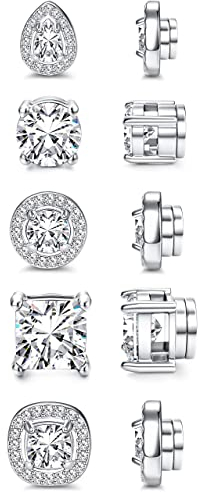 Morfetto 5 Pairs Magnetic Stud Earrings - Stainless Steel, Round, Square, Teardrop, Faux Diamond Halo, Clip On, Silver