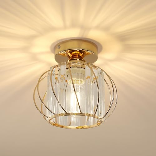 Pheashine Plafoniera Moderna in Cristallo, Mini Lampadario Moderna da Incasso Rotonda E27 Lampada da Soffitto in Metallo e Cristallo Per Corridoio, Ingresso, Camera da Letto, Soggiorno (D'oro)