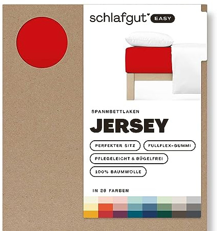 Schlafgut Easy Jersey Spannbettlaken 120x200 bis 130x200 Red Deep, Spannbetttuch aus 100% Baumwolle | Bettlaken, Spannbetttuch 130x200 cm, Rot, Jersey, bis 22 cm Steg, OEKO-TEX, Rundumgummi, bügelfrei