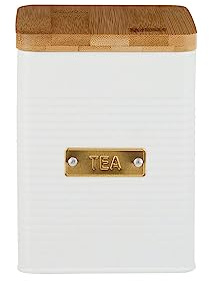 Typhoon Otto Teedose 1,4 L, quadratische Vorratsdose, luftdichter Deckel | Karbonstahl, Bambusholz, Silikonverschluss, goldene Akzente, Rippenstruktur, für Teebeutel und losen Tee
