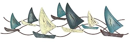 ETC dekorative Wanddeko maritimes Wandobjekt aus Metall Motiv Segelboote grau-weiß-blau shabby Optik ca. 74 cm lang