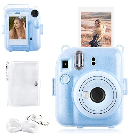 Rieibi Housse pour Instax Mini 12 - Étui à Paillettes pour Appareil Photo Instantané Fujifilm Instax Mini 12 avec Poche Photos Arrière, Bandoulière Transparente et Mini Album Photo -Bleu