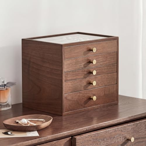 Homruilink Black Walnut Wooden Women Jewellery Box with Glass Lid, 5 Layer | Large Wood Jewellery Drawer Organiser,Velvet-Lined, For Necklaces, Watch, Ring, Earring, Gift