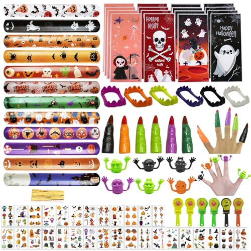 Mecctuck 78 Stück Halloween Party Mitgebsel, Halloween Kinder Mitgebsel Party Mitbringsel, Helloween Spielzeug, Slap Armbänder Tattoo Hexen Finger Zahnersatz für Kinder Helloween Mitbringsel