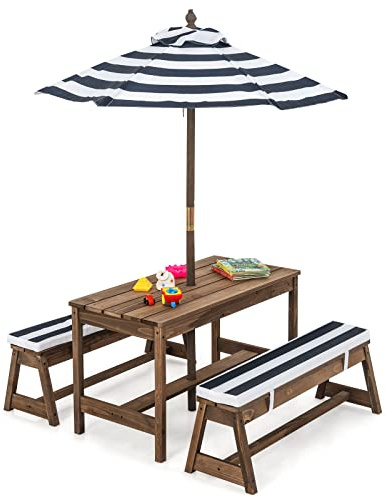 RELAX4LIFE Tavolo da Picnic con Panchine e Ombrellone per Bambini, Tavolo con Sedie a 4 Posti (Modello 9)