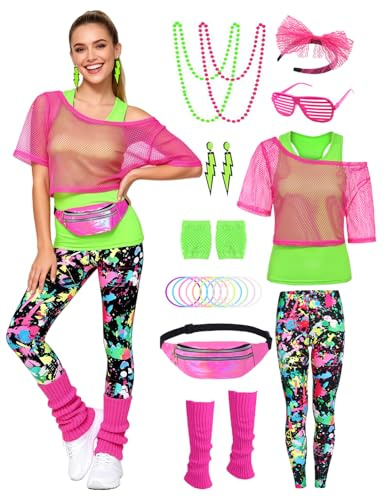 80er 90er Jahre Outfit Damen Netzshirt, Tank top, Leggins, Netzhandschuhe, Bauchtasche, Haarband, Ohrring, Armband, Halskette, 80iger Kostüm Zubehör Neon Kleidung 80s Aerobic Bad Taste Outfit FR042M