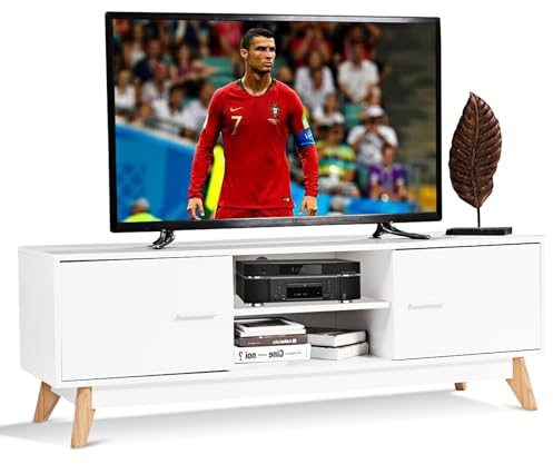 KOMFOTTEU Mobile TV Soggiorno fino a 65, Mobile Porta TV in Legno, Mobiletto TV Multifunzione con 2 Scomparti Aperti e 2 Ante, Mobile TV Basso Moderno, 140 x 40 x 48 cm, Bianco