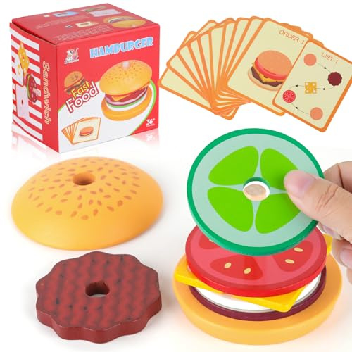 ZDNT Montessori Holz Burger Toy, Kinder Stapelspielzeug, Holz Hamburger, Kinderküche Zubehör, Geschenk für Jungen & Mädchen 1-3 Jahre