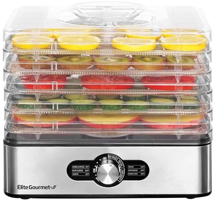 Elite Gourmet EFD3321X - Deshidratador de alimentos, bandejas de acero inoxidable, controles de temperatura ajustables, ceca, hierbas, frutas, verduras, aperitivos secos, acero inoxidable