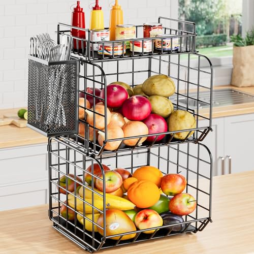 Stackable Fruit Basket for Kitchen - 2pcs Fruit Bowls Hanging Wall Racks Storage Baskets Kitchen Countertop Organiser For Fruits Vegetable Snacks with Removable Lid and Utensil Basket, Black