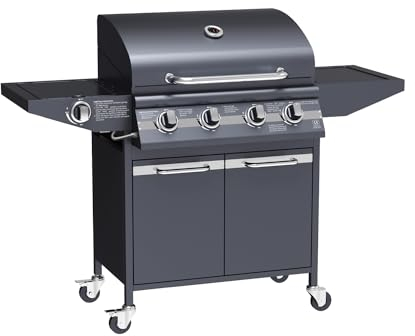 Avilia BBQ Gas 4 Bruciatori, Fornello Laterale, Doppia Griglia, Termometro Integrato e 4 ruote, in Acciaio Lucido Ideale per Giardini e Terrazzi, 136x53x105.5cm, Nero