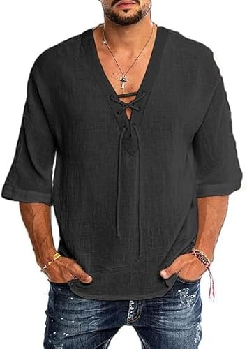 Runcati Camicia in lino, da uomo, a maniche corte, estiva, da uomo, per il tempo libero, con scollo a V, vestibilità larga, vintage, medievale, Nero , M