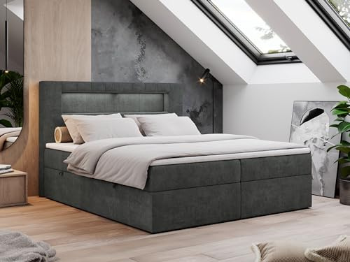 MKS MEBLE Boxspringbett 200x200 mit Led Grau, Polsterbett Bett mit Topper T25 und Kopfteil, Multipocket Matratze H3, Doppelbett mit Bettkasten Stauraumbett - Gold-5 - Dunkelgrau Struktur