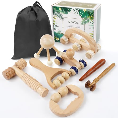ACWOO Faszienrolle Holz, 8 Stück Exquisites Massage Set, Faszienstab holz, Massageroller Holz,Rückenmassageroller für Muskelentspannung, Körperformung, Gua Sha Massage,Anti Cellulite