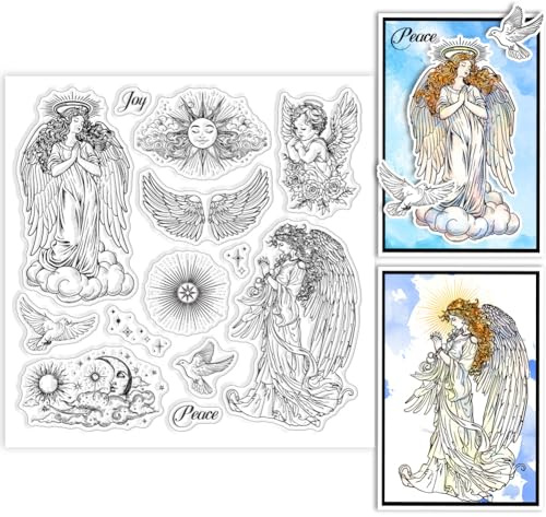 GLOBLELAND 5.91x5.91zoll Engel Transparente Silikonstempel Mond Sonne Sterne Klare Stamps Flügel Taube Wolken Silikonstempel Für Kartengestaltung DIY Prägung Journaling