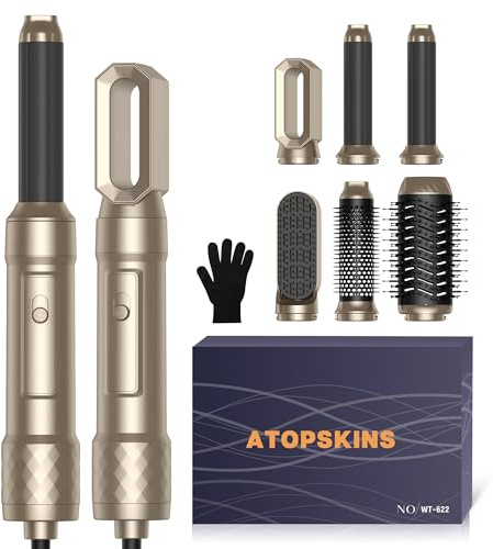 Hair Styler set 6 in 1 mit Haartrockner Föhn, Luftstrom Rundbürsten Föhnbürste, Auto Lockenstab, Glättbürste, ohne thermische Schäden,All in One Airstyler, für Haar,Trocknen,Glätten,Curling,Gold