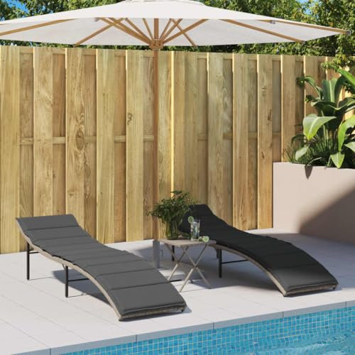 Homgoday Sonnenliegen 2 STK. mit Auflagen Doppelliege Gartenliege 3-Fach verstellbare Rückenlehne Liegestuhl Garten Relaxliege Outdoor Liege für 2 Personen Hellgrau Poly Rattan