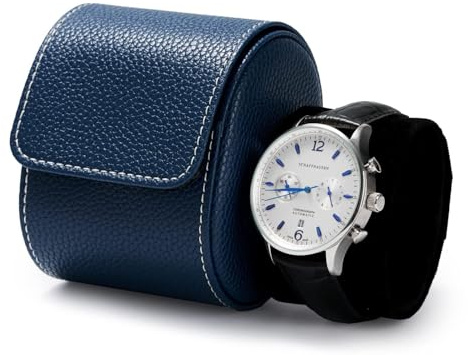 Papten Luxury Leather Travel Watch Case Single Watch Box for Men and Women | Removable Pillow Portable Storage Watches Roll Organizer Blue