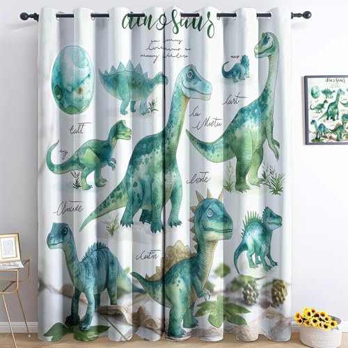 Srigzcaly Malerei Aquarell Tier Dinosaurier 183x214cm(BxH) -Druck Ösen Gardinen GrüN Wärmegedämmt Blickdichter Vorhang Für Jungen Mädchen Kinder Schlafzimmer Wohnkultur