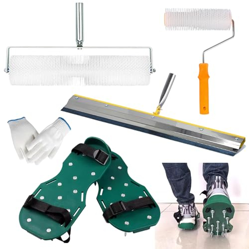 Strumenti per Pavimenti Autolivellante, Kit con 2 Rulli di Ventilazione 23cm + 48cm Rastrello per Grandi Superfici 56cm e Scarpe Chiodate Punta Lunga 3cm per Livellare la Parete del Pavimento