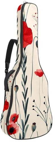 Gitarrentasche für Akustikgitarre mit zwei Taschen, ästhetische rote Mohnblumen, wasserabweisend, doppelt verstellbarer Schultergurt, Gitarrentasche, Ästhetische rote Mohnblumen, 42.9x16.9x4.7 in,