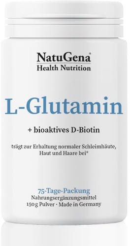 NatuGena L-Glutamin, bioaktives Biotin, trägt zur Erhaltung der Schleimhäute, Haut und Haare bei, 150 g Pulver (2.5 Monats Packung)