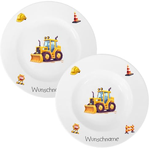 Kindergeschirr personalisiert - Speiseservice 2-tlg. Suppenteller und Speiseteller Kinder Service Set aus Porzellan personalisierbar mit Wunschname Name mit Namen personalisiert (Radlader)