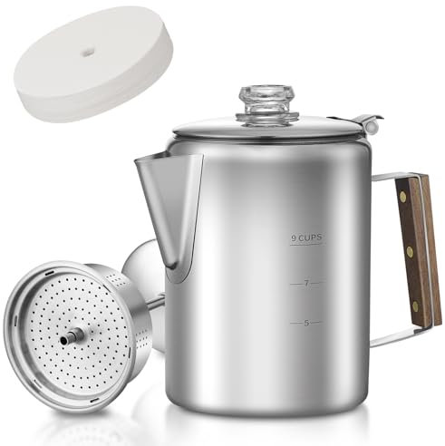 Percolatore per caffè con 100 filtri da caffè, 9 tazze, in acciaio inox resistente, caffettiera da campeggio, per preparare il caffè sul fuoco, griglia o piano cottura, ideale per casa, campeggio
